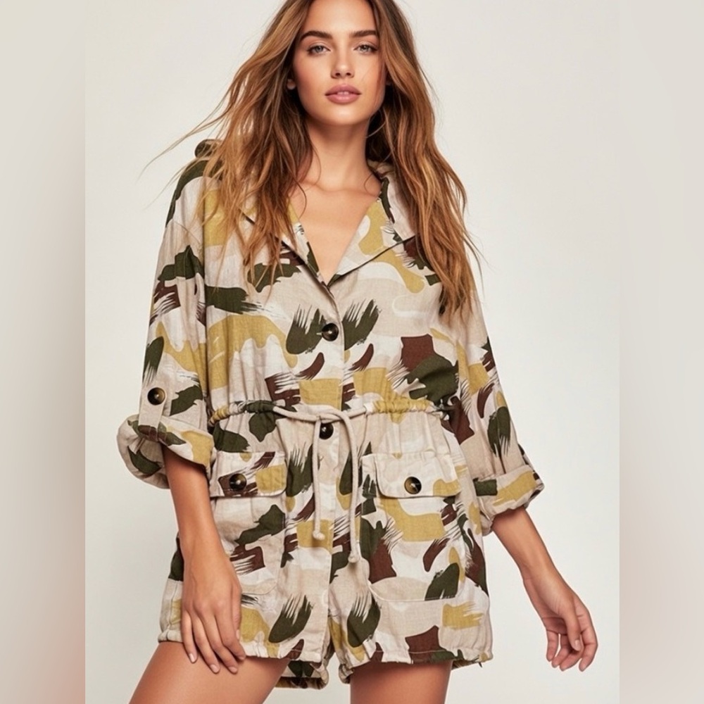 BACI 100% Linen Beige Printed Roll Tab Sleeve Boho Hooded Jacket - ITALY